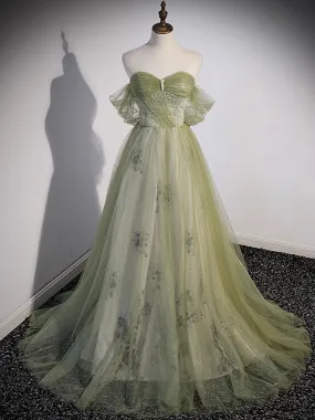 A Line Green Tulle Long Prom Dress with Beading