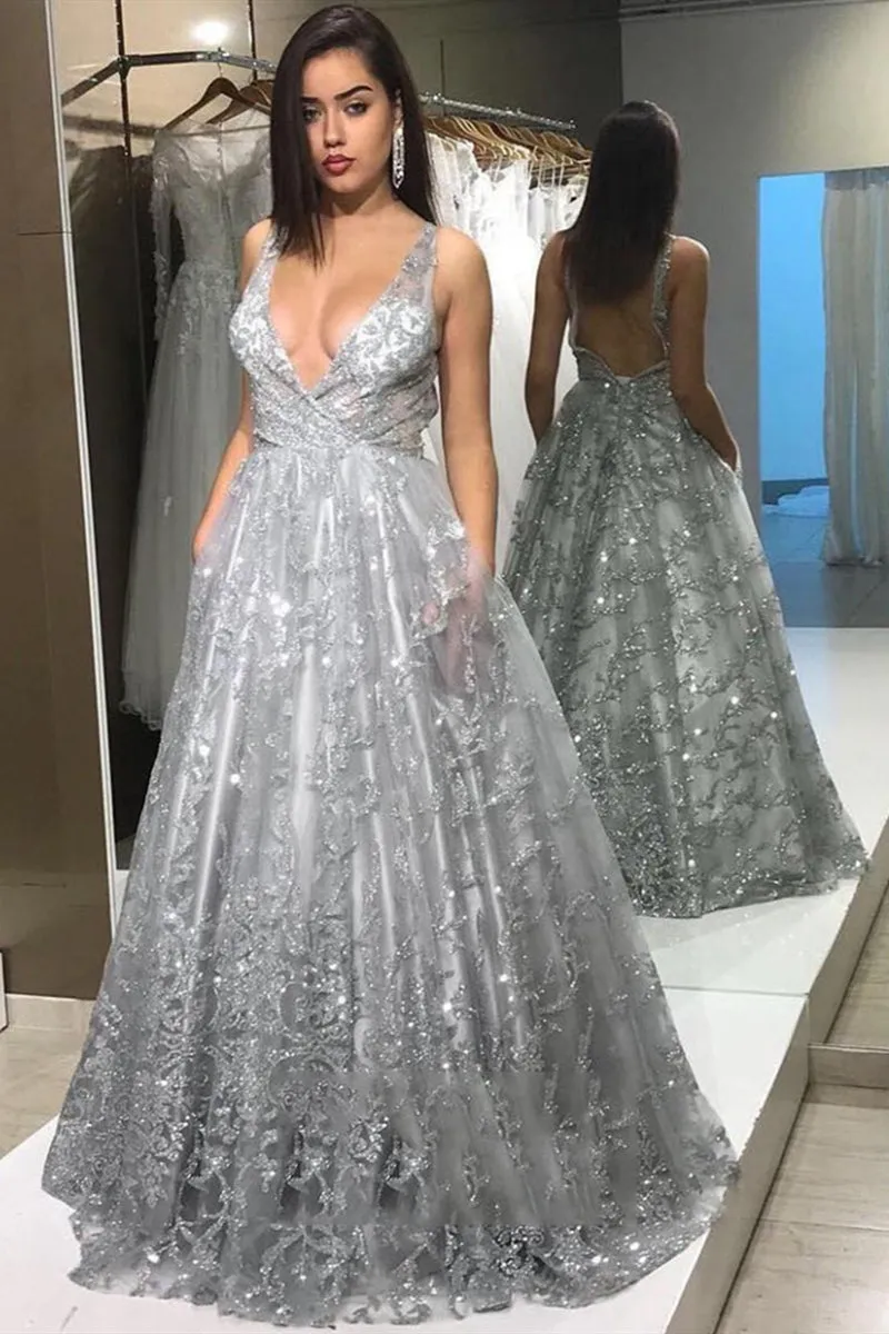 A Line V Neck Backless Silver Grey Lace Long Prom Dress, Silver Grey Lace Formal Graduation Evening Dress