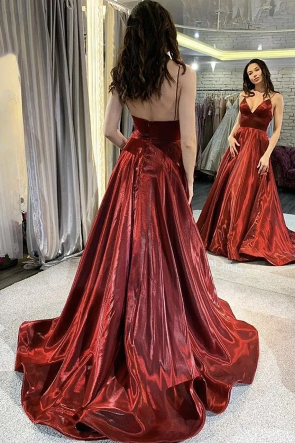 A Line V Neck Burgundy Satin Long Prom Dress, Long Burgundy Formal Evening Dress