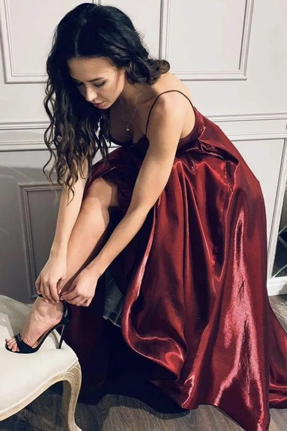 A Line V Neck Burgundy Satin Long Prom Dress, Long Burgundy Formal Evening Dress