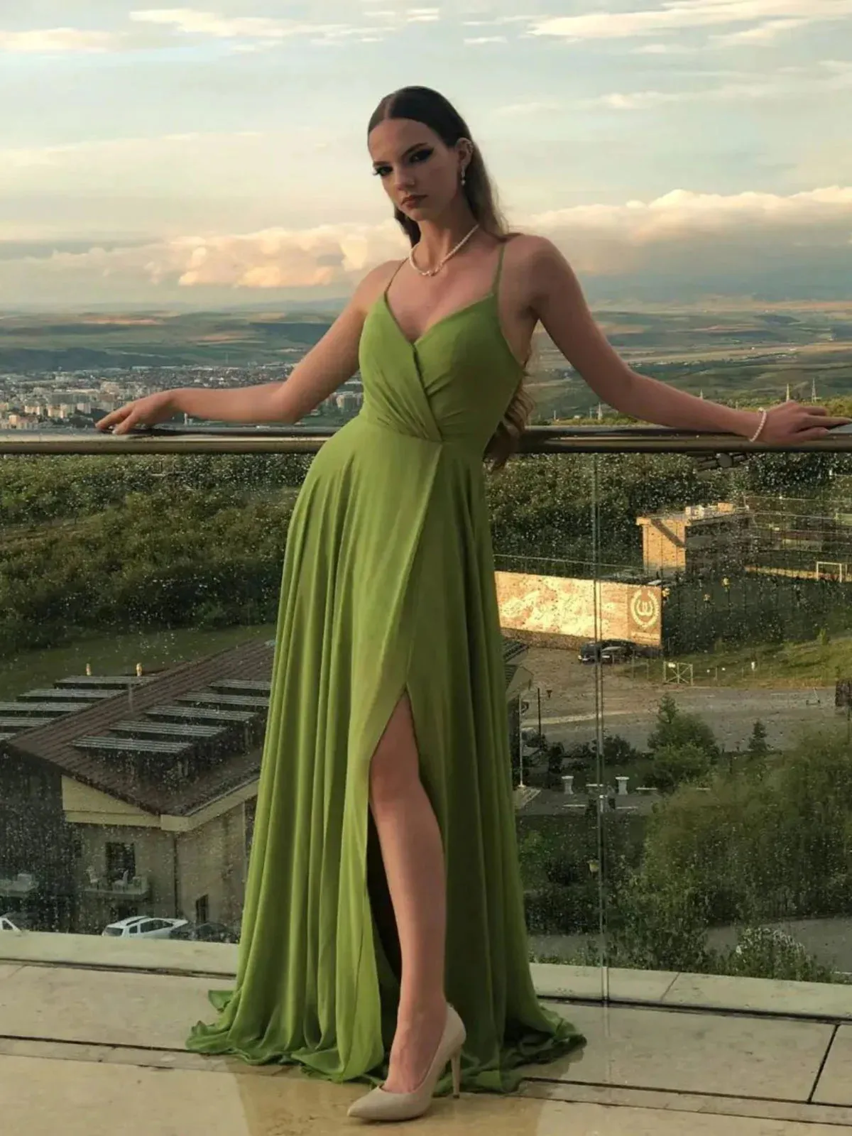 A Line V Neck Green Chiffon Long Prom Dresses with Leg Slit, V Neck Green Formal Graduation Evening Dresses SP2423