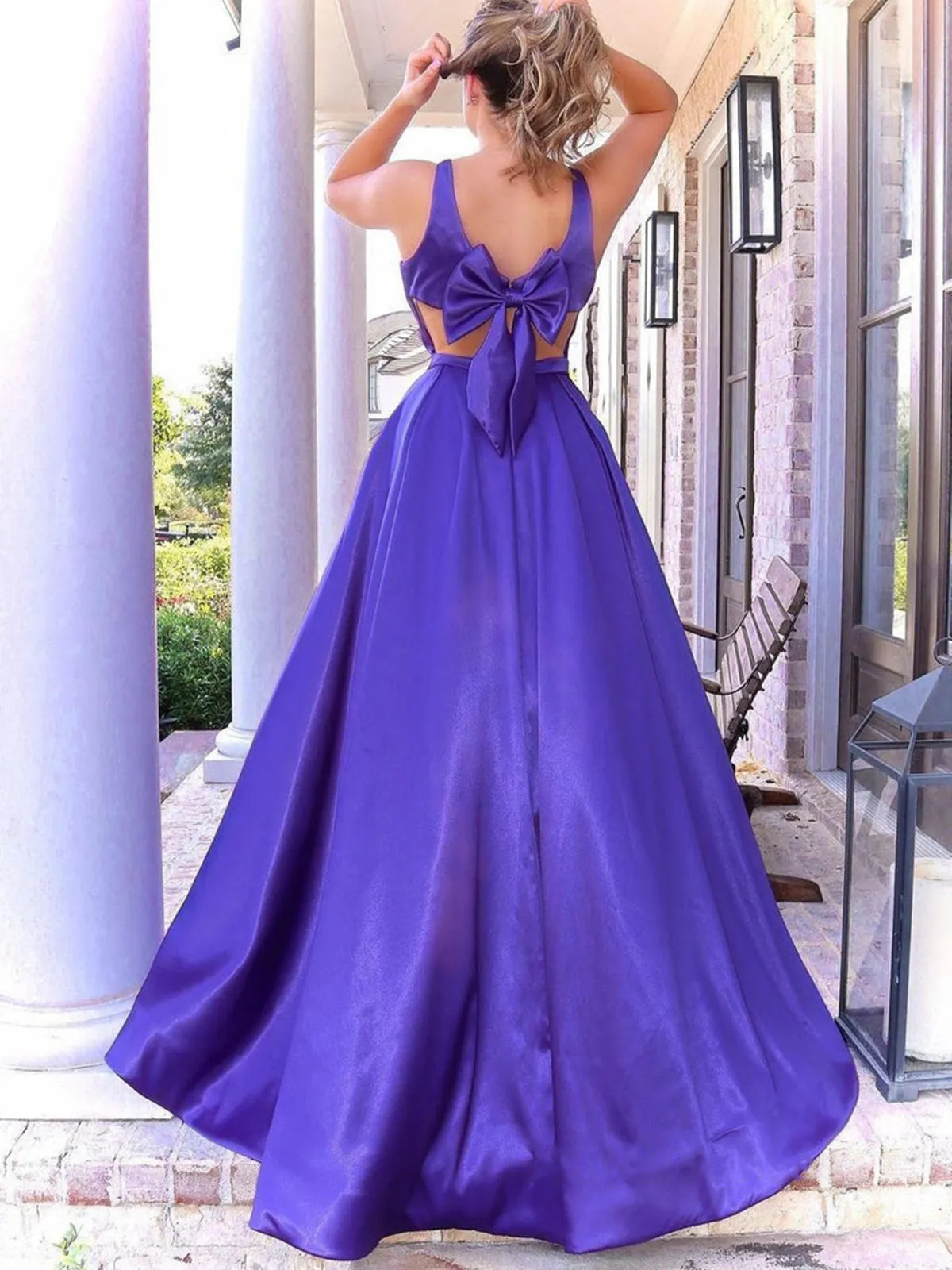 A Line V Neck Purple Satin Long Prom Dresses with Pocket, V Neck Purple Formal Graduation Evening Dresses