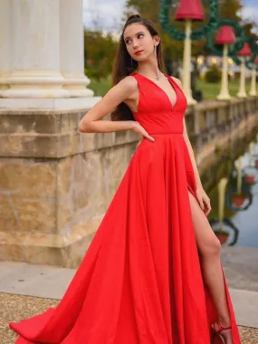 A Line V Neck Satin Long Red Prom with High Slit, V Neck Red Formal, Red Evening