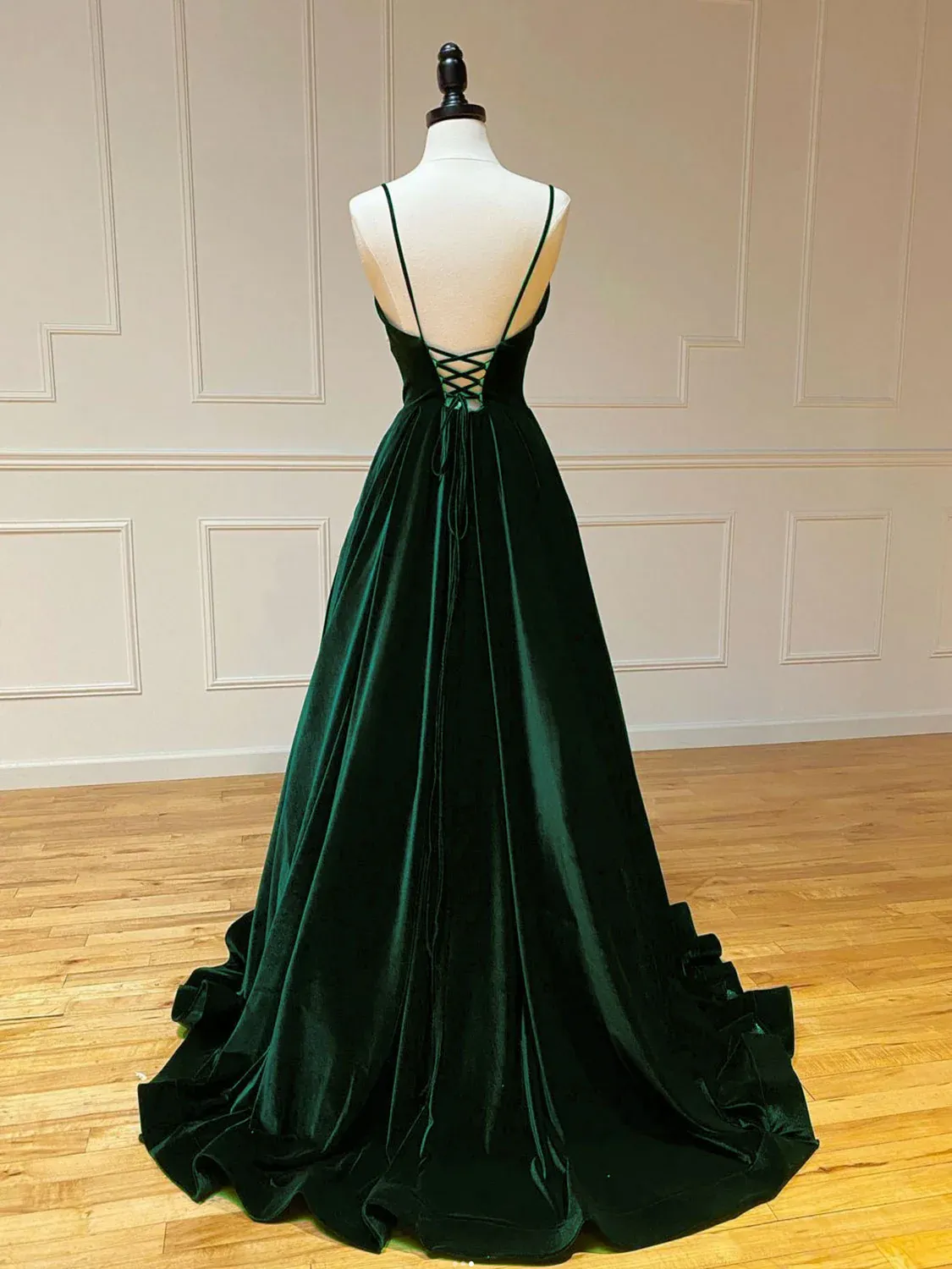 A-Line V Neck Velvet Green Long Prom Dresses, Green Velvet Formal Dress      fg4435