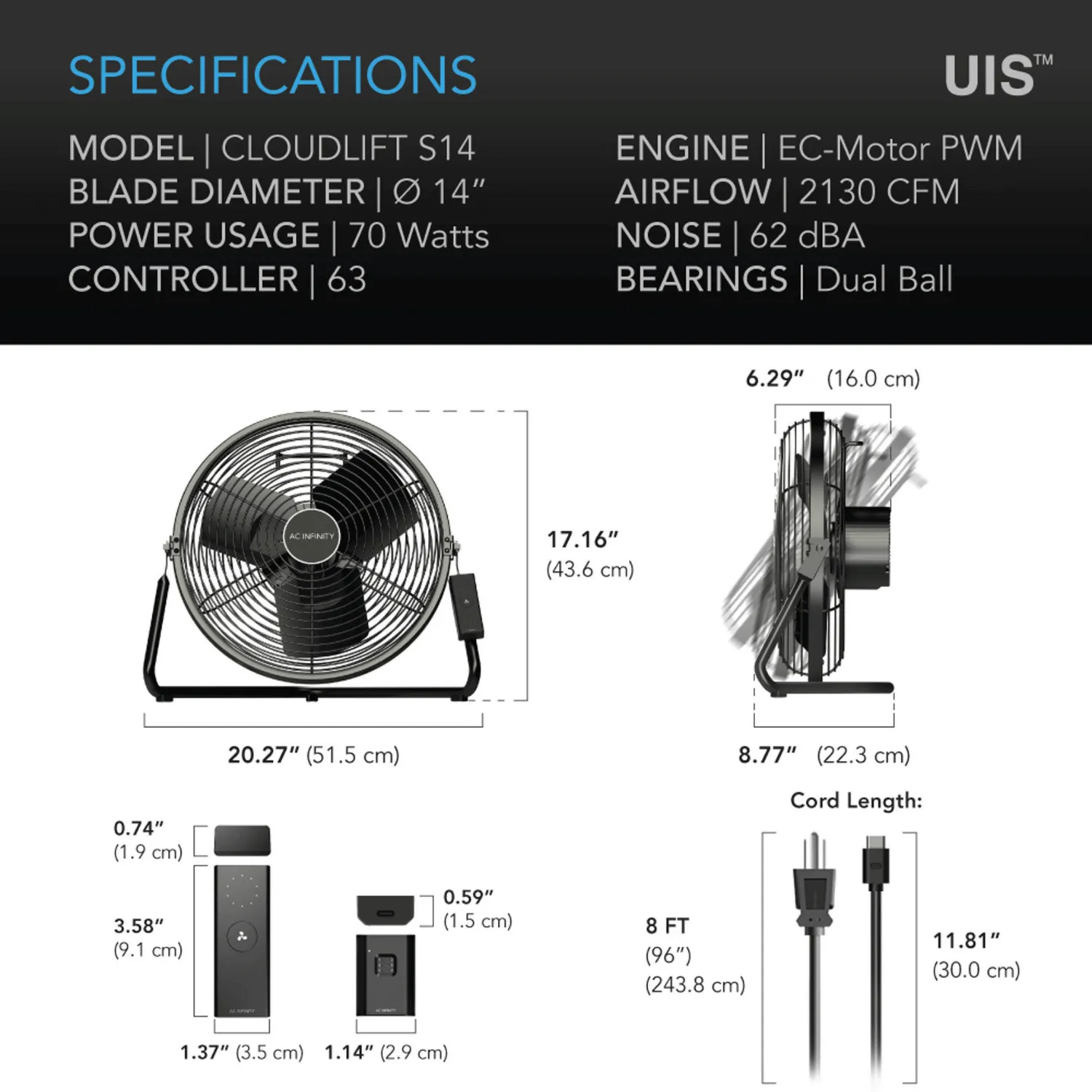 AC Infinity CLOUDLIFT S14, Floor Wall Fan with Wireless Controller, 14-Inch