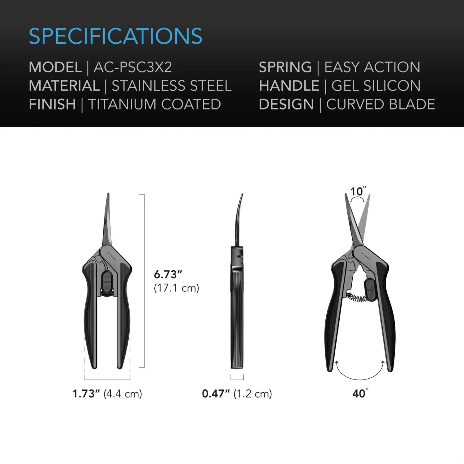 AC Infinity Stainless Steel Curved Pruning Shear, Ergonomic Lightweight, 6.6" Blades