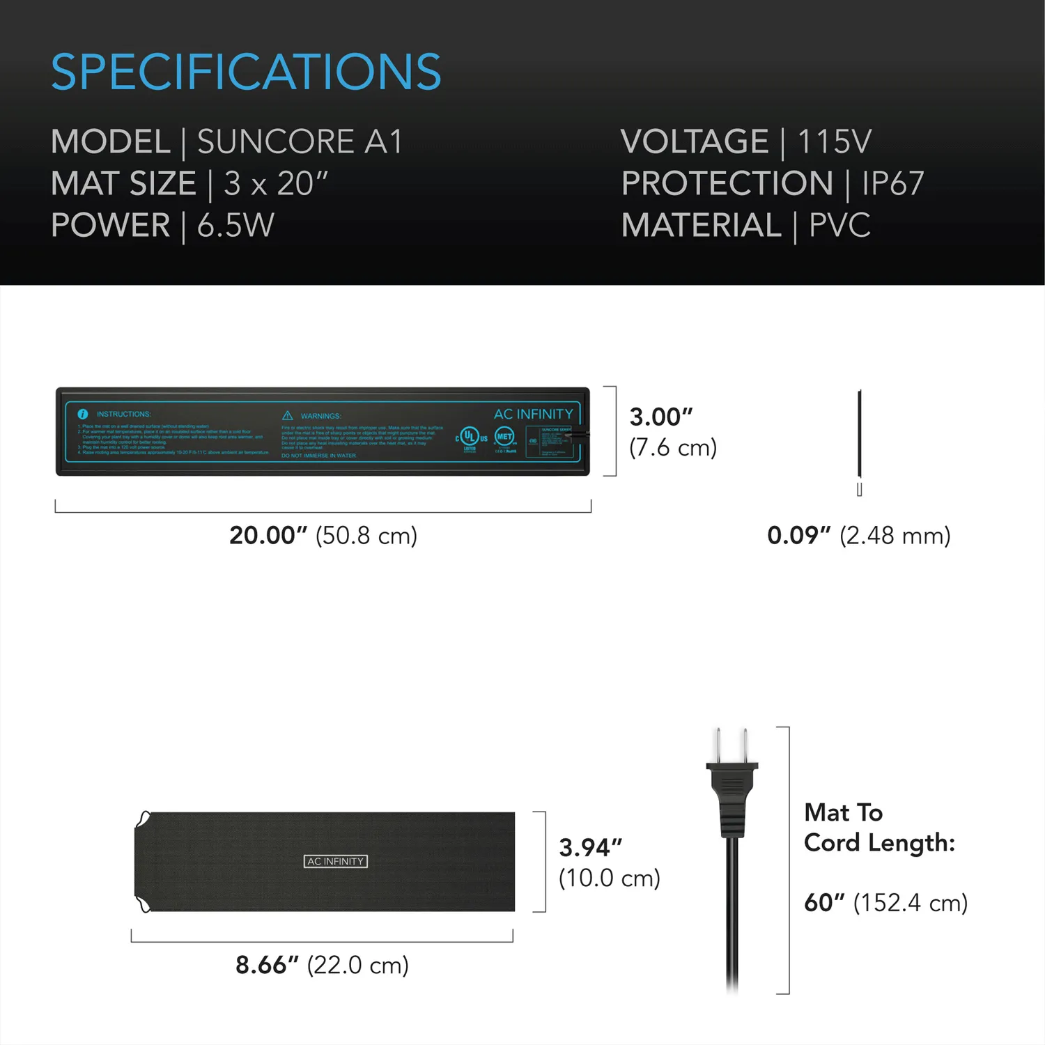 AC Infinity SUNCORE A1, Seedling Heat Mat, IP-67 Waterproof, 3" x 20"