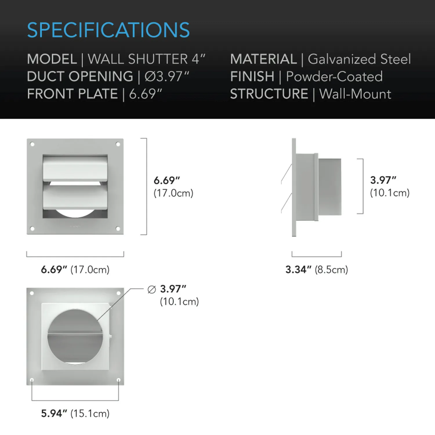 AC Infinity Wall Mount Duct Shutter, 4-Inch, White Steel