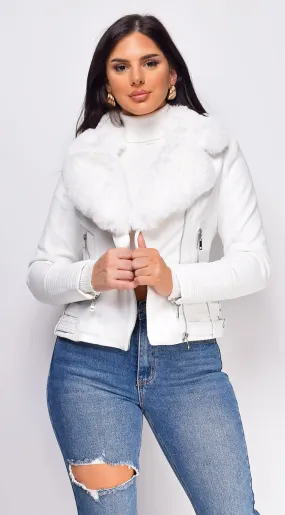 Alivia White Faux Fur Collar Suede Moto Jacket