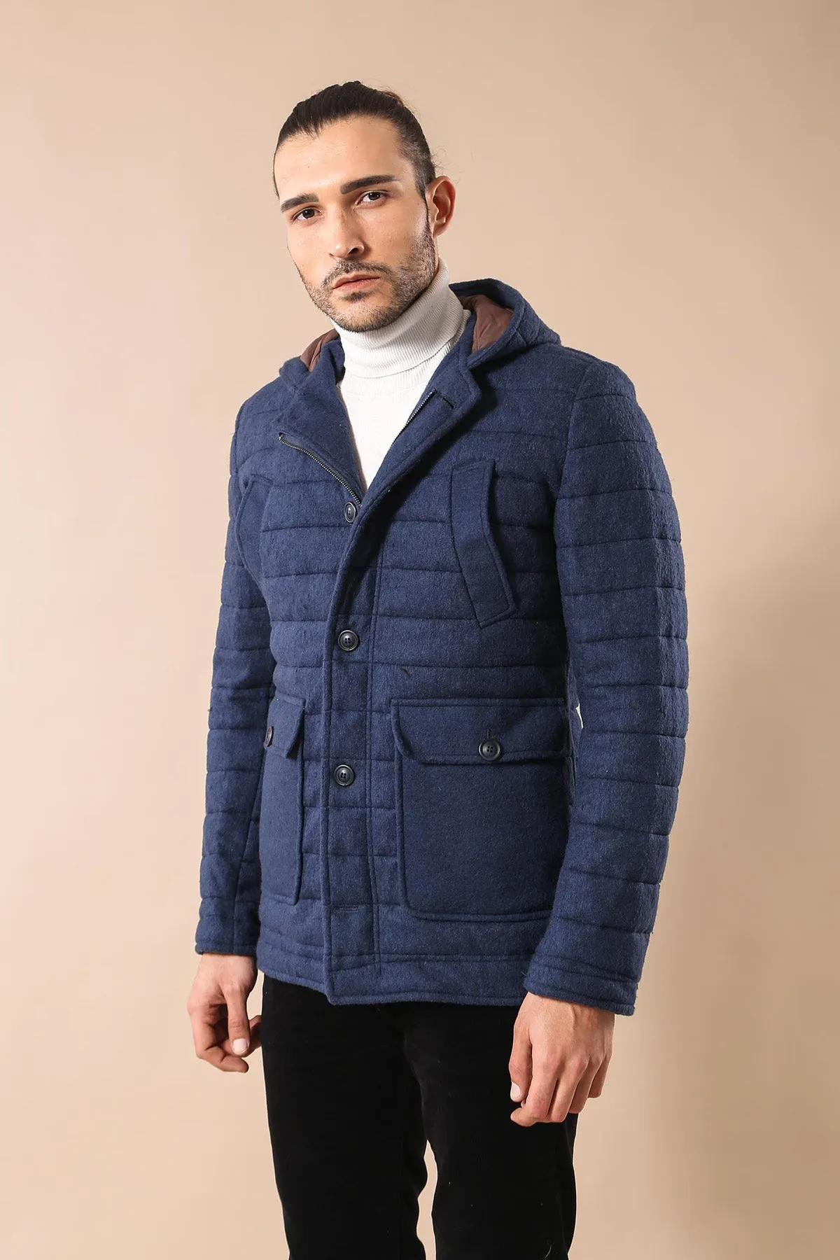 Bag Pocket Felt Hooded 4 Pocket Navy Blue Coat-Wessi