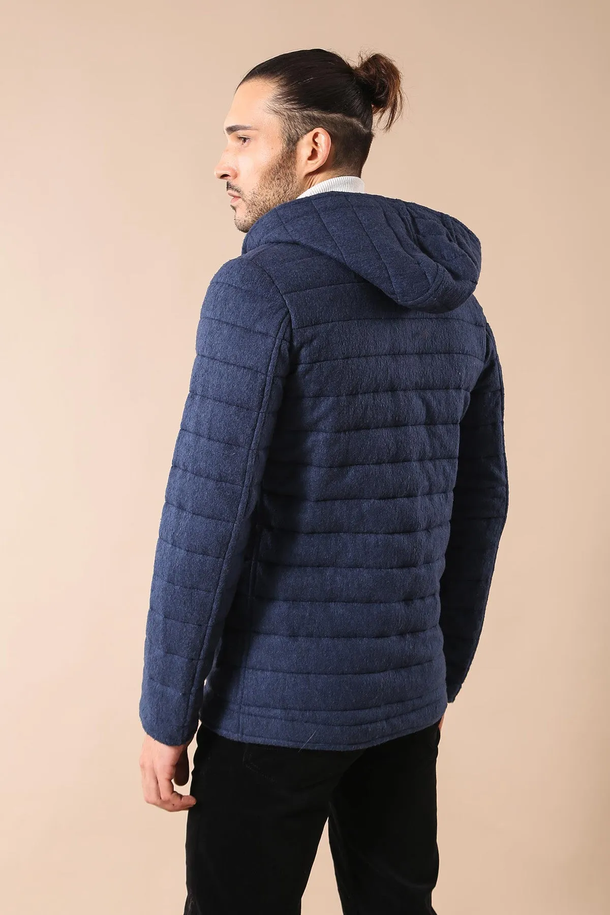 Bag Pocket Felt Hooded 4 Pocket Navy Blue Coat-Wessi