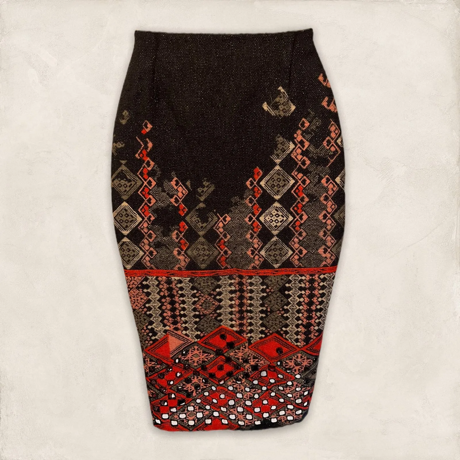 Bazar Christian Lacroix Vintage Black & Red Cut Out Wool Pencil Skirt UK 6 US 2 EU 34