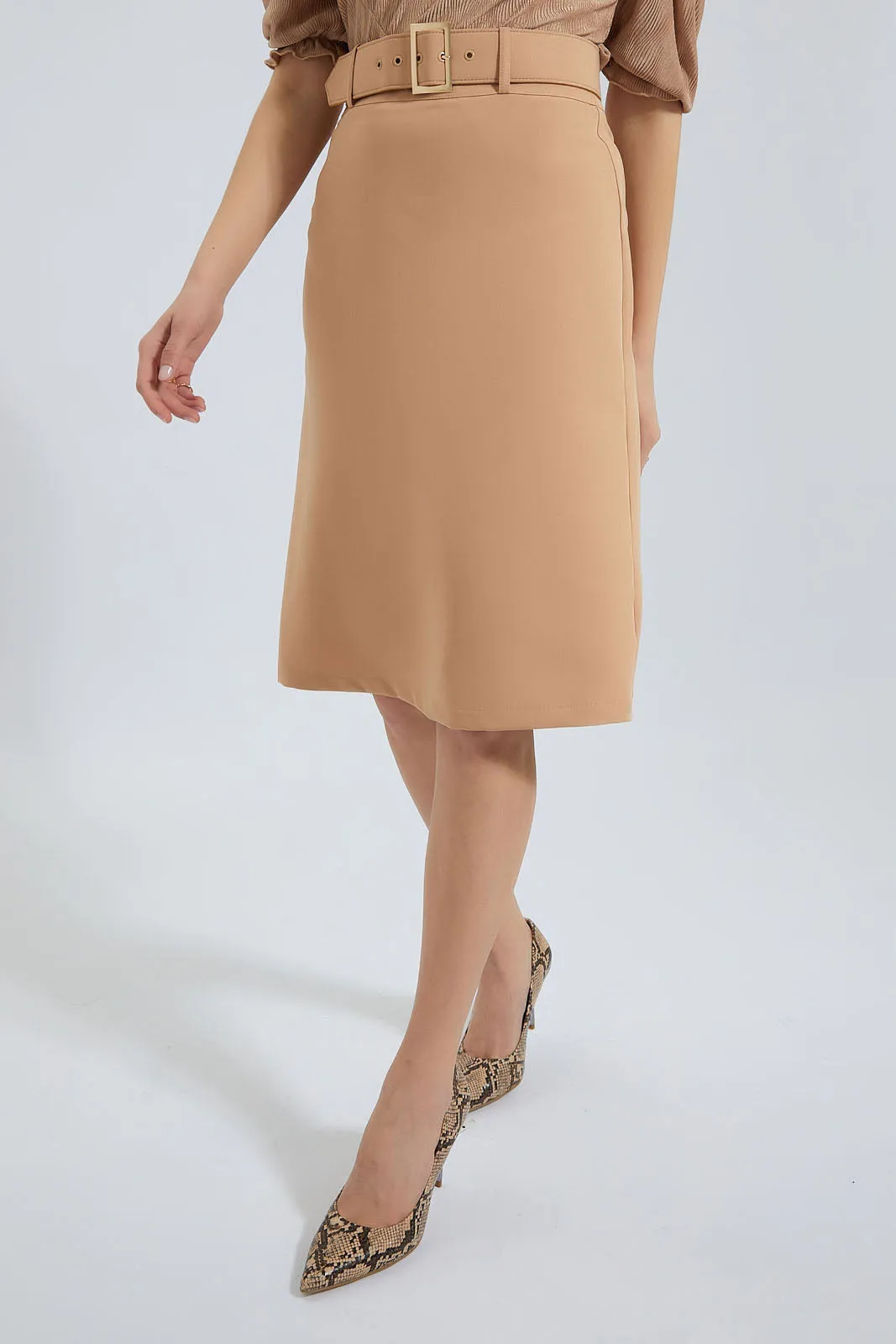 Beige Belted Pencil Skirt