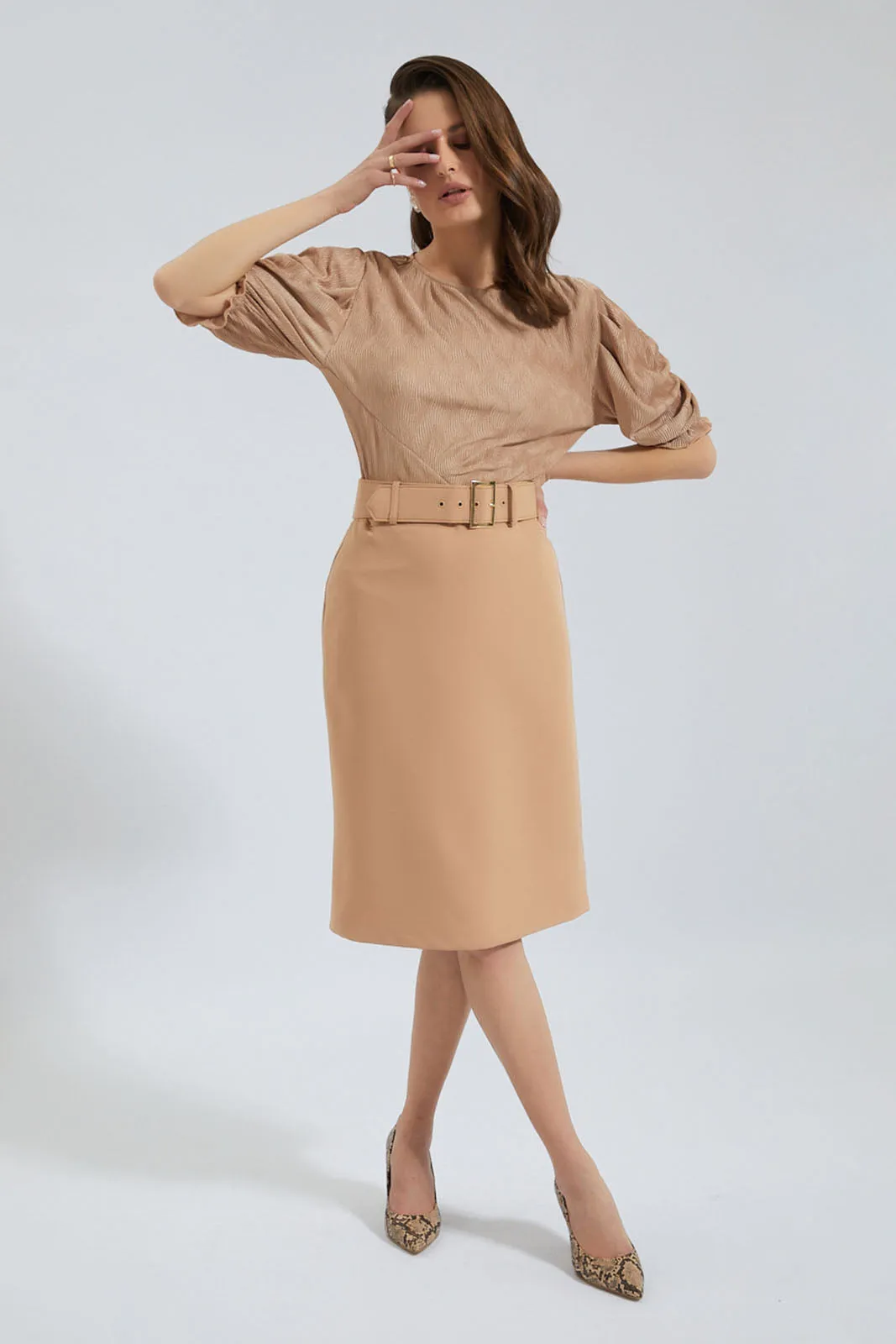 Beige Belted Pencil Skirt