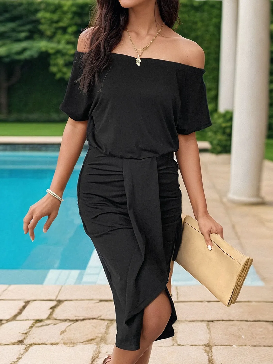 Black Ruched Off-Shoulder Short Sleeve Short Dress