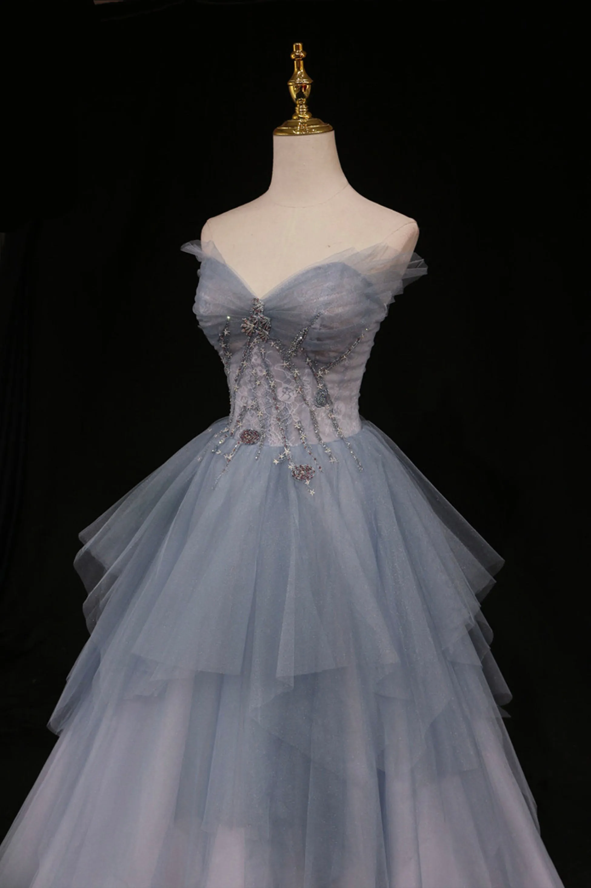 Blue Tulle A-Line Strapless Long Prom Dress, Blue Evening Party Dress