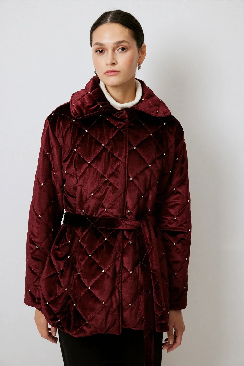 Burgundy Quilted Crystal Velvet Coat