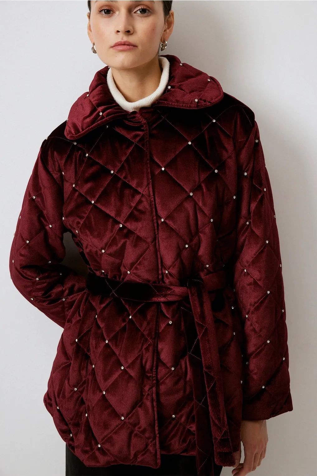 Burgundy Quilted Crystal Velvet Coat