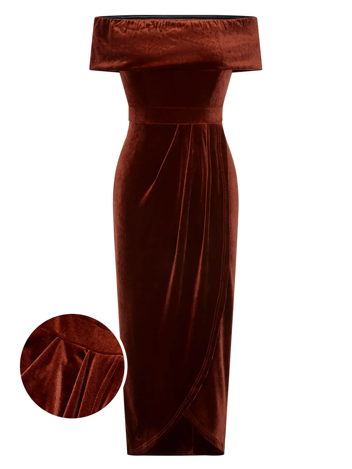 Caramel Color 1960s Off-Shoulder Tulip Velvet Dress