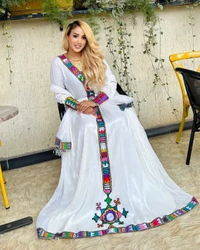 Chic Habesha Elegance: Modern Menen Fabric Ethiopian Dress