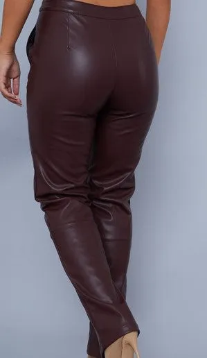 Chocolate Faux Leather Thigh Split Straight Leg Trousers