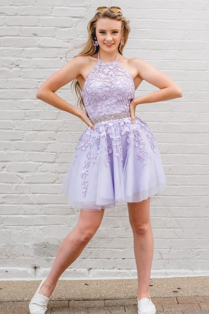 Cute Halter Neck Short Purple Lace Prom Dress, Purple Lace Formal Graduation Homecoming Dress