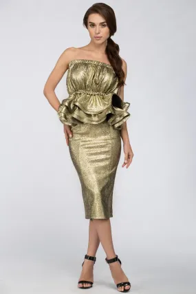 Deema Al Asadi - Gold Strapless Peplum Two-piece Midi Dress