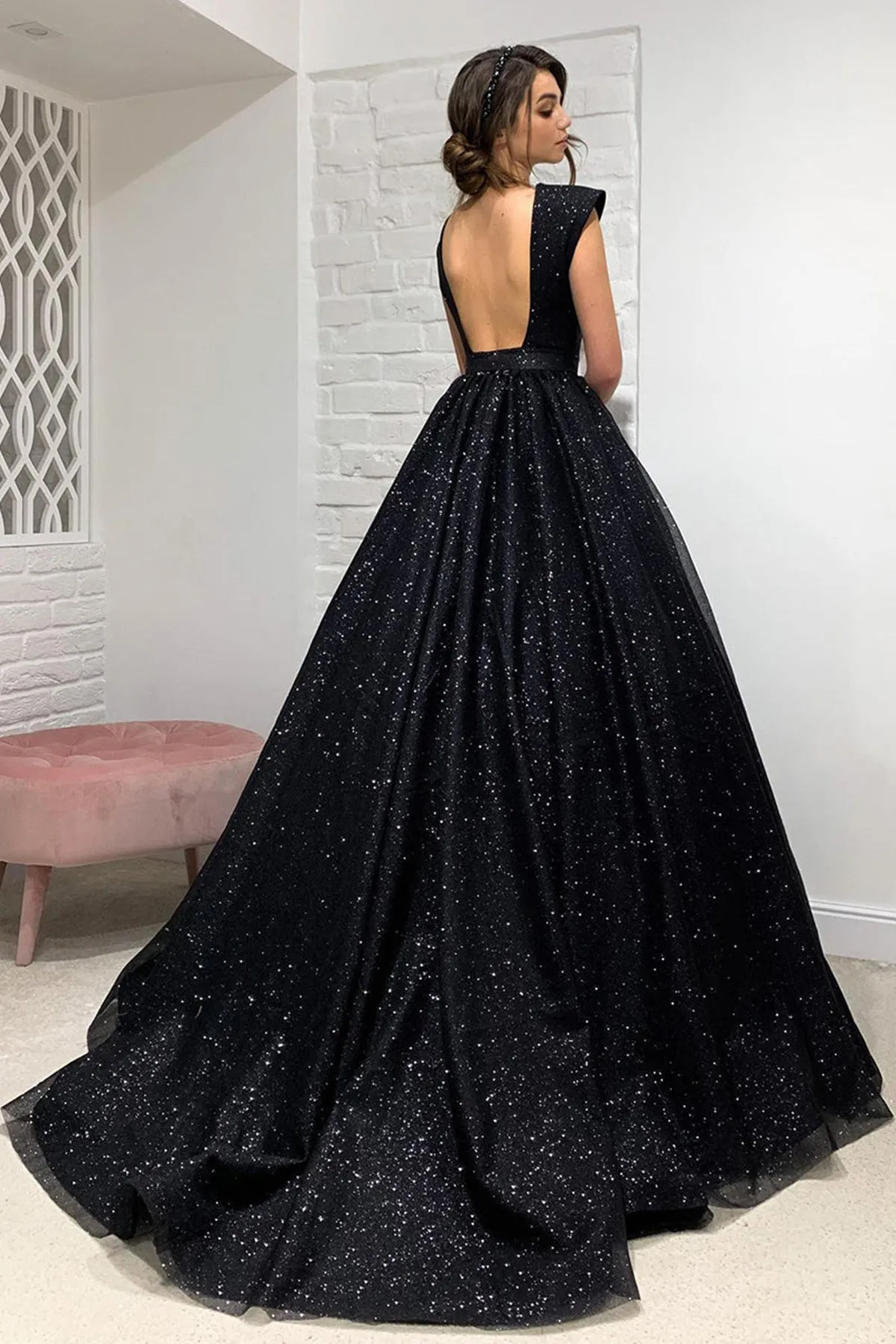 Deep V Neck Open Back Black Long Prom Dress, Shiny Black Formal Evening Dress A1653