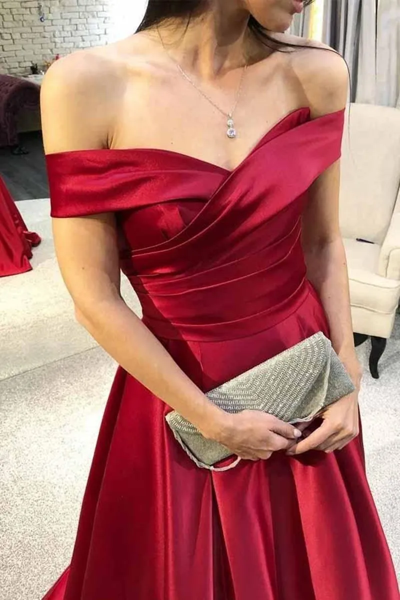 Elegant Off Shoulder Burgundy Satin Long Prom, Off the Shoulder Burgundy Formal Graduation Evening