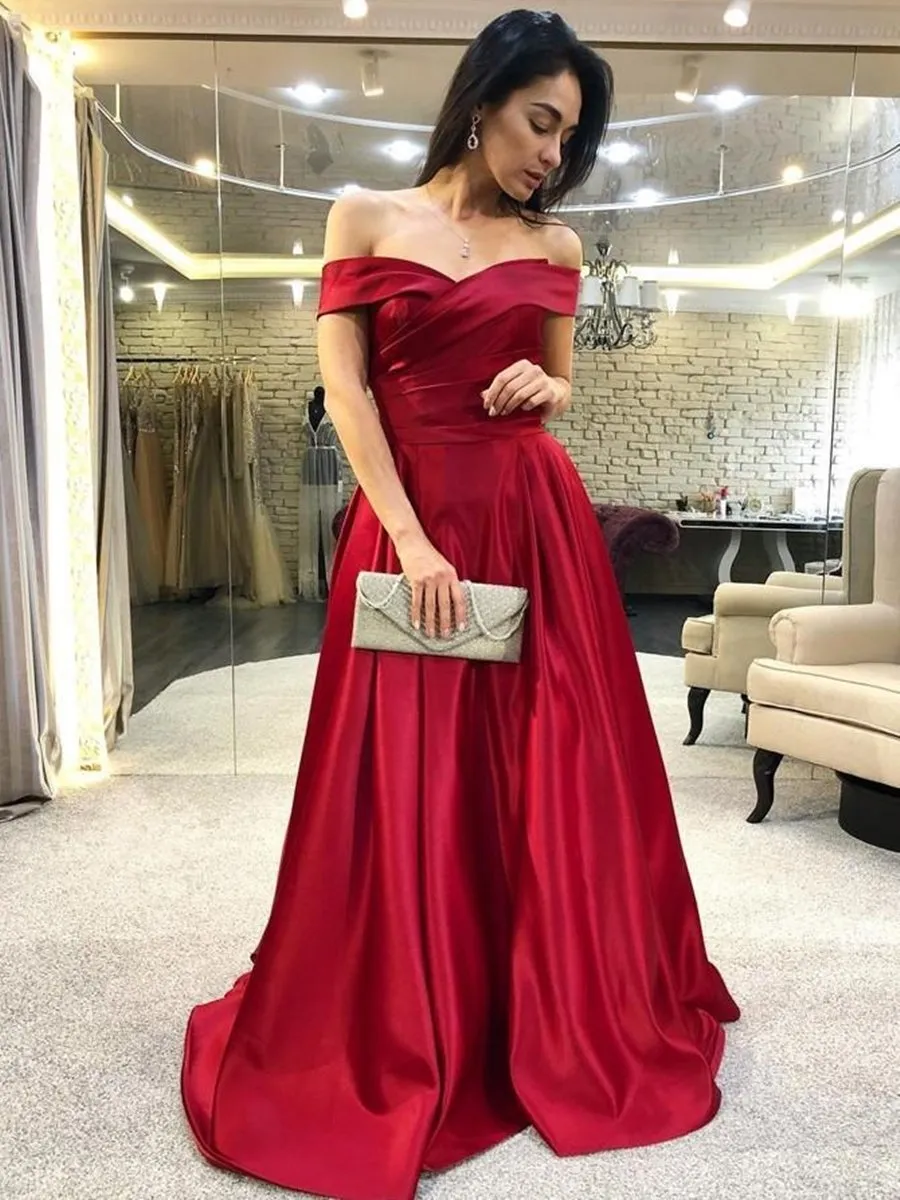 Elegant Off Shoulder Burgundy Satin Long Prom, Off the Shoulder Burgundy Formal Graduation Evening