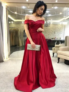 Elegant Off Shoulder Burgundy Satin Long Prom, Off the Shoulder Burgundy Formal Graduation Evening