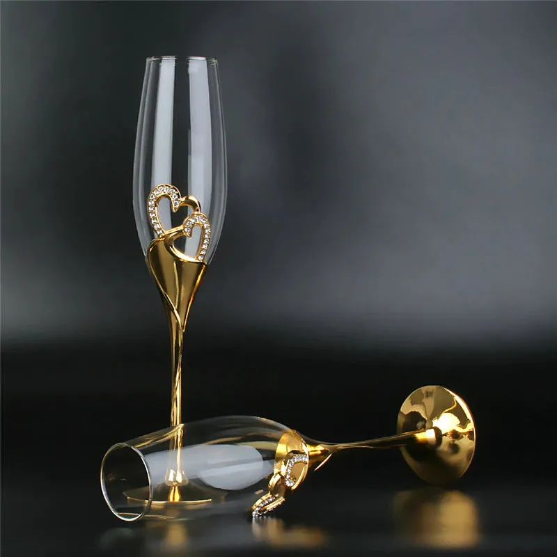 Elegant Unique Custom Made Infinity Double Hearts Wedding Led Free Crystal Champagne Wine Glasses Set of Two