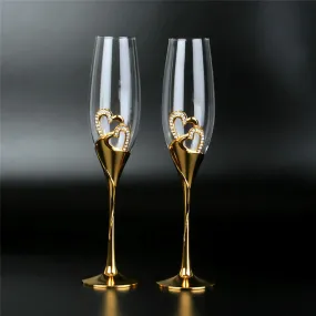 Elegant Unique Custom Made Infinity Double Hearts Wedding Led Free Crystal Champagne Wine Glasses Set of Two