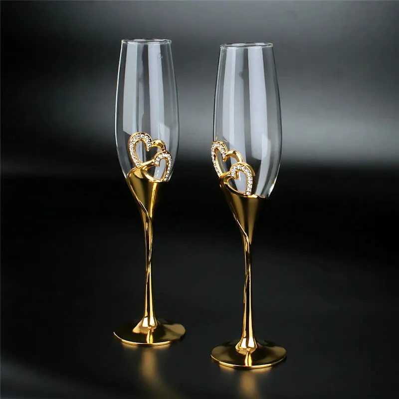 Elegant Unique Custom Made Infinity Double Hearts Wedding Led Free Crystal Champagne Wine Glasses Set of Two