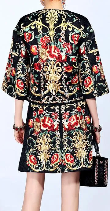 Embellished Embroidered Half-Sleeve Jacket and Skirt Set