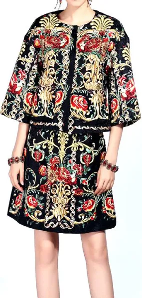 Embellished Embroidered Half-Sleeve Jacket and Skirt Set