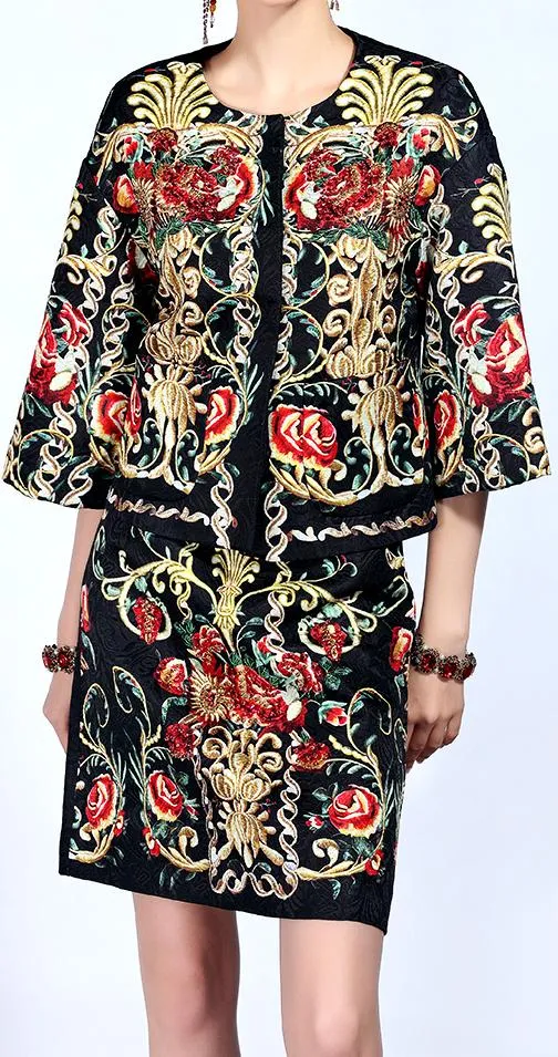 Embellished Embroidered Half-Sleeve Jacket and Skirt Set