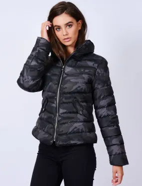 Ewok Funnel Neck Quilted Camo Jacket in Grey / Black Camo - Tokyo Laundry