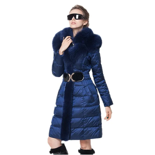 Fox Fur Collar Down Long Hooded Parka  Coat