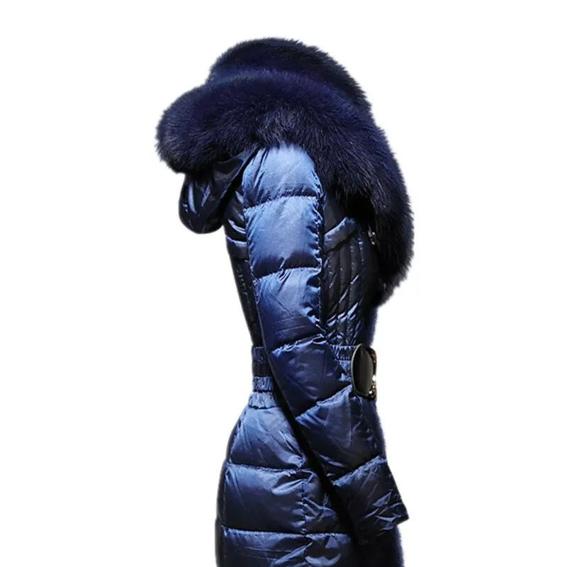 Fox Fur Collar Down Long Hooded Parka  Coat