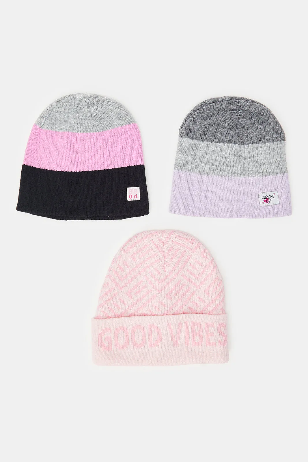 Girls Pink And Grey Knitted Caps (Pack of 3)