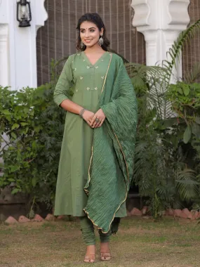 Green Embroidered Straight Viscose Musline Kurta With Pant & Net Dupatta