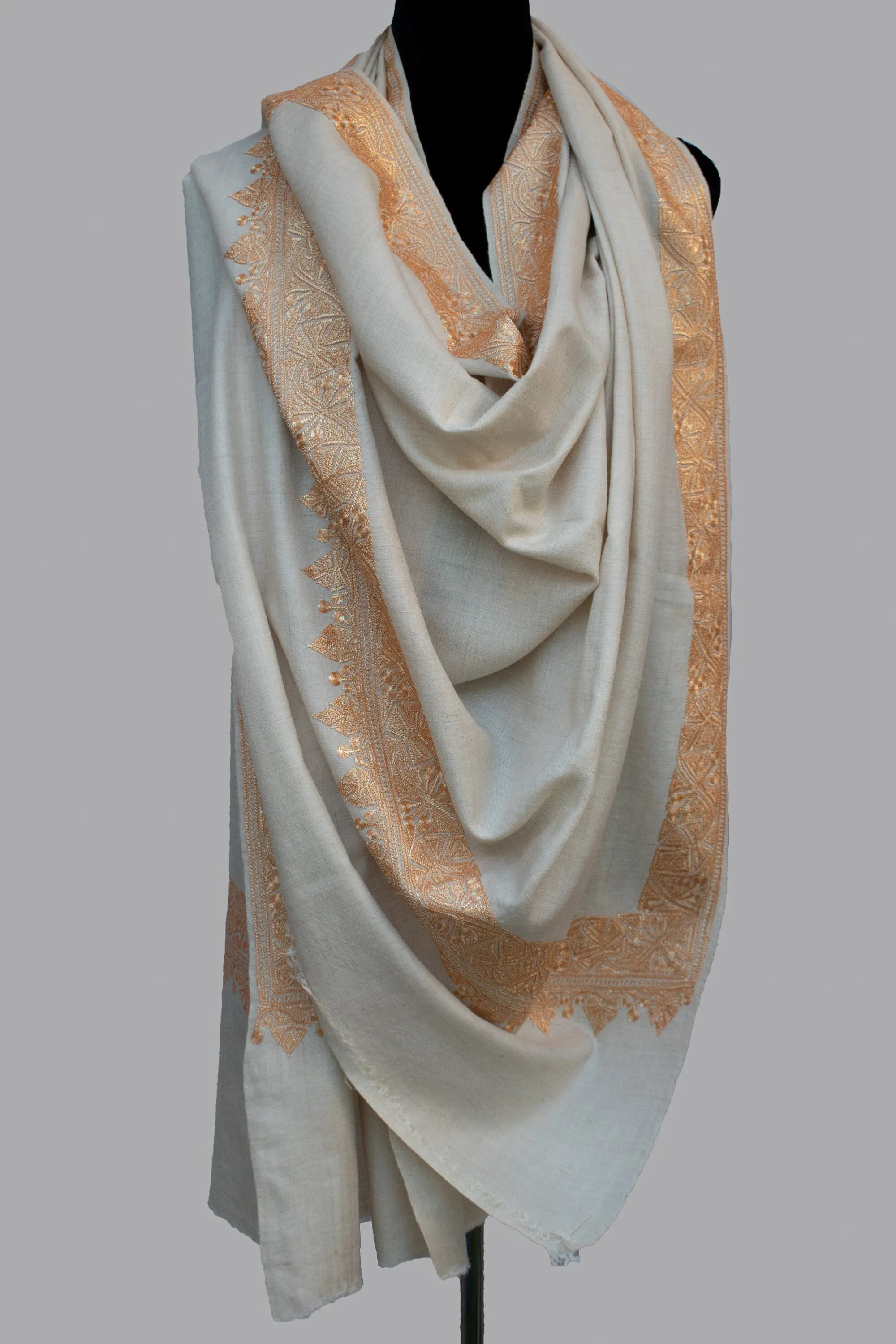 Hand Tilla/Zari (Metallic Embroidery) Pure Pashmina/Cashmere Shawl, Handwoven on Hand loom & Hand Embroided in Kashmir, Luxury, Masterpiece.