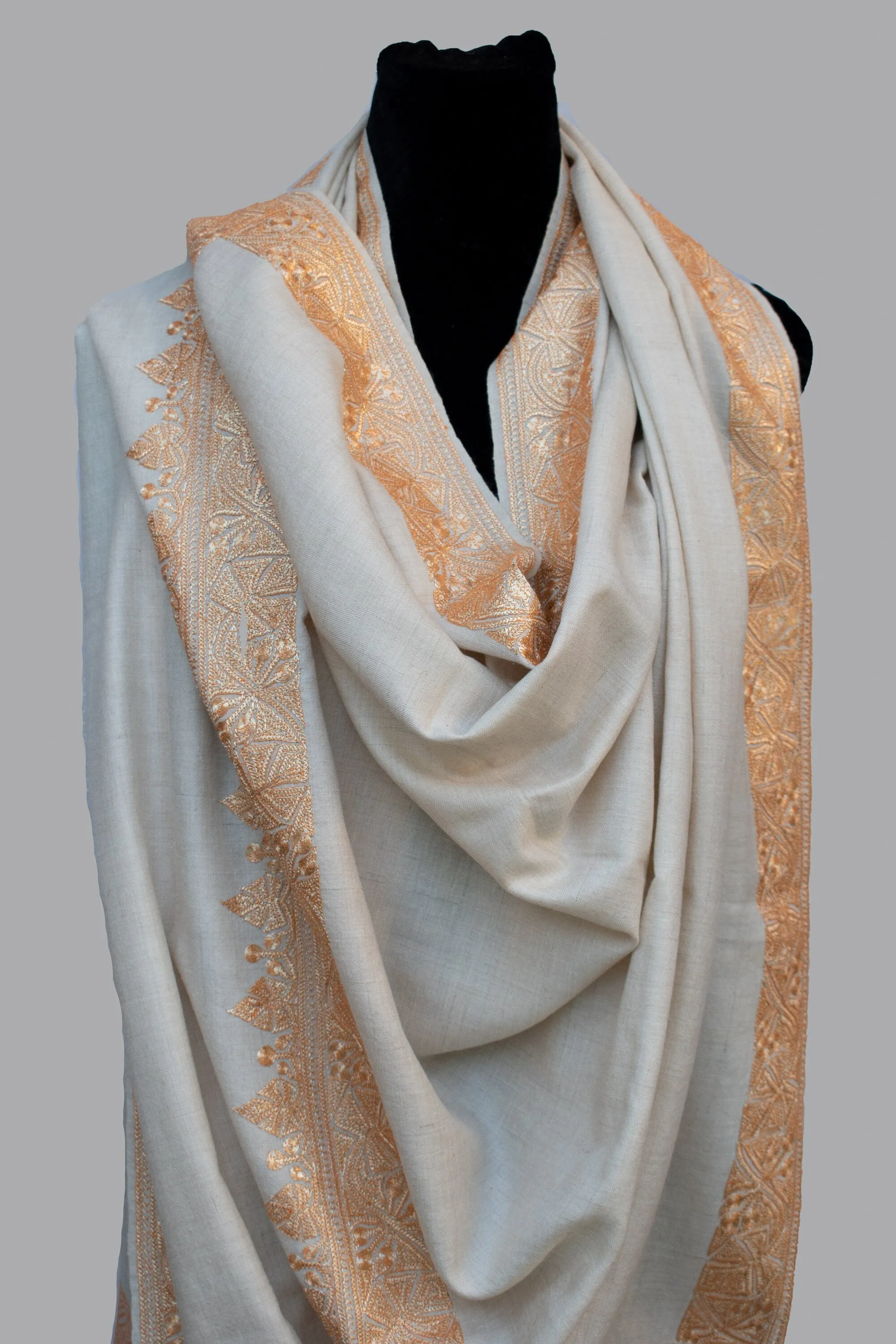 Hand Tilla/Zari (Metallic Embroidery) Pure Pashmina/Cashmere Shawl, Handwoven on Hand loom & Hand Embroided in Kashmir, Luxury, Masterpiece.