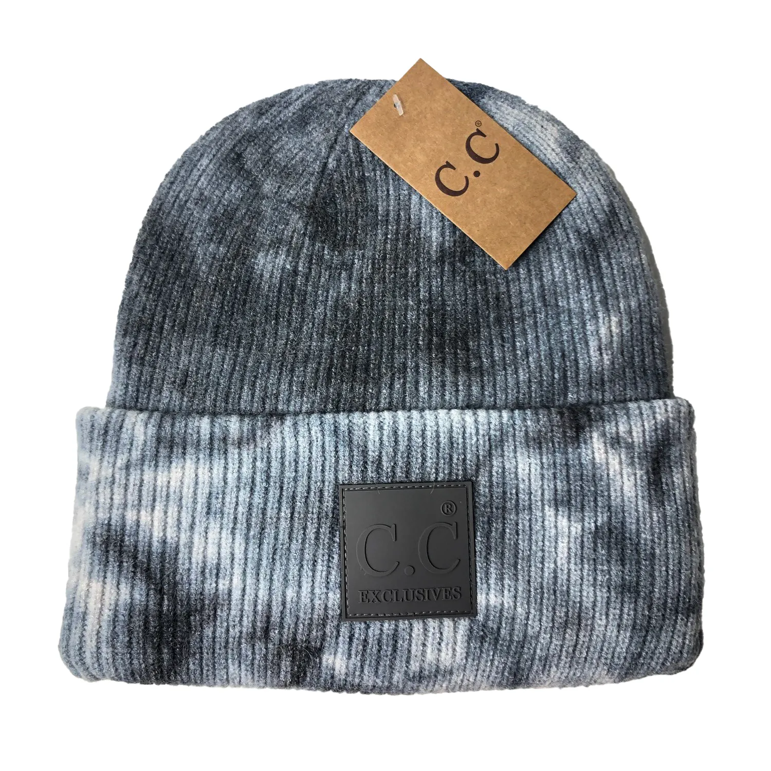 HAT-7380 Tie Dye Beanie with C.C Rubber Patch - Dark Grey/Light Grey