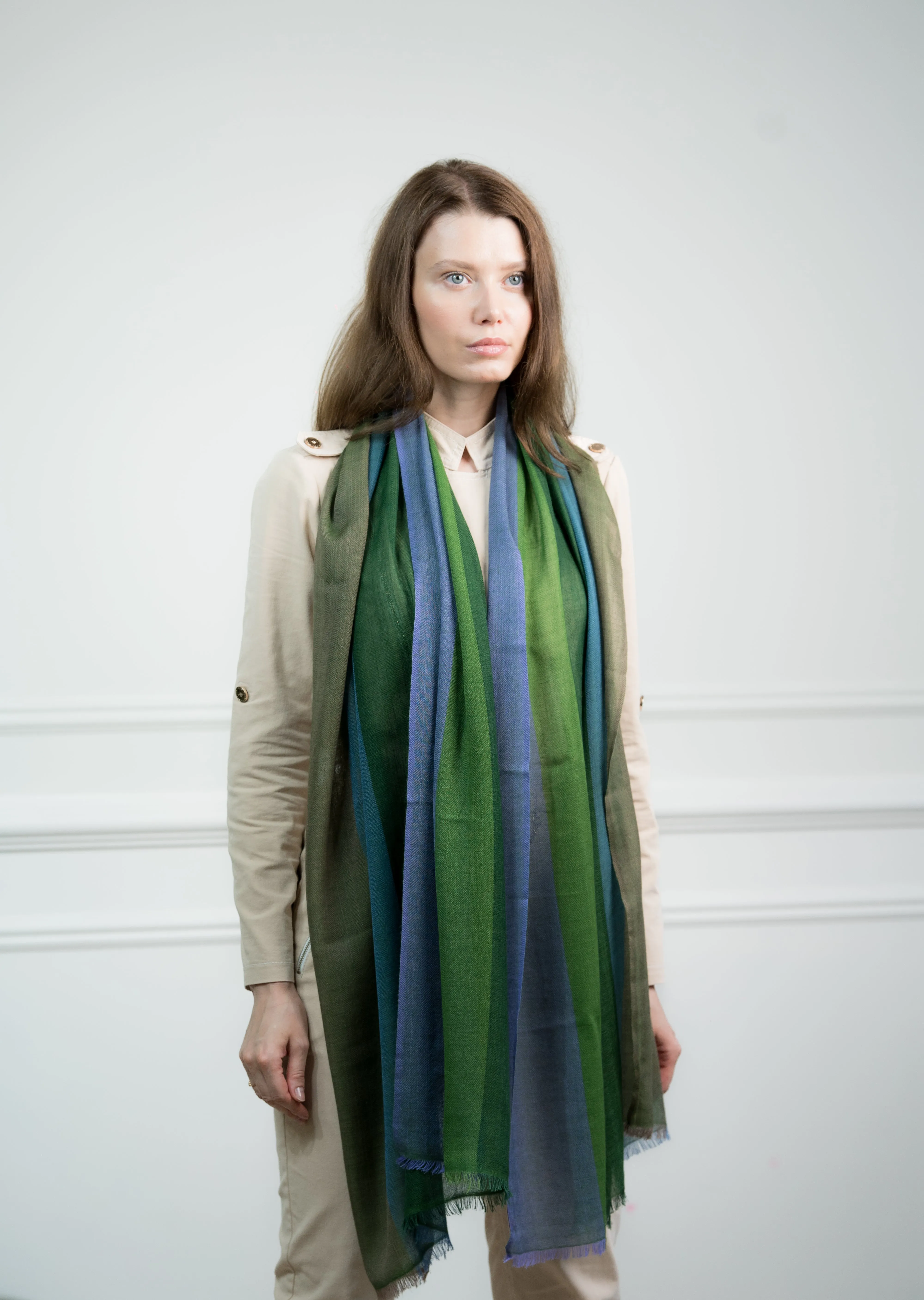 Herringbone Emerald 4 Color Block Cashmere Scarf