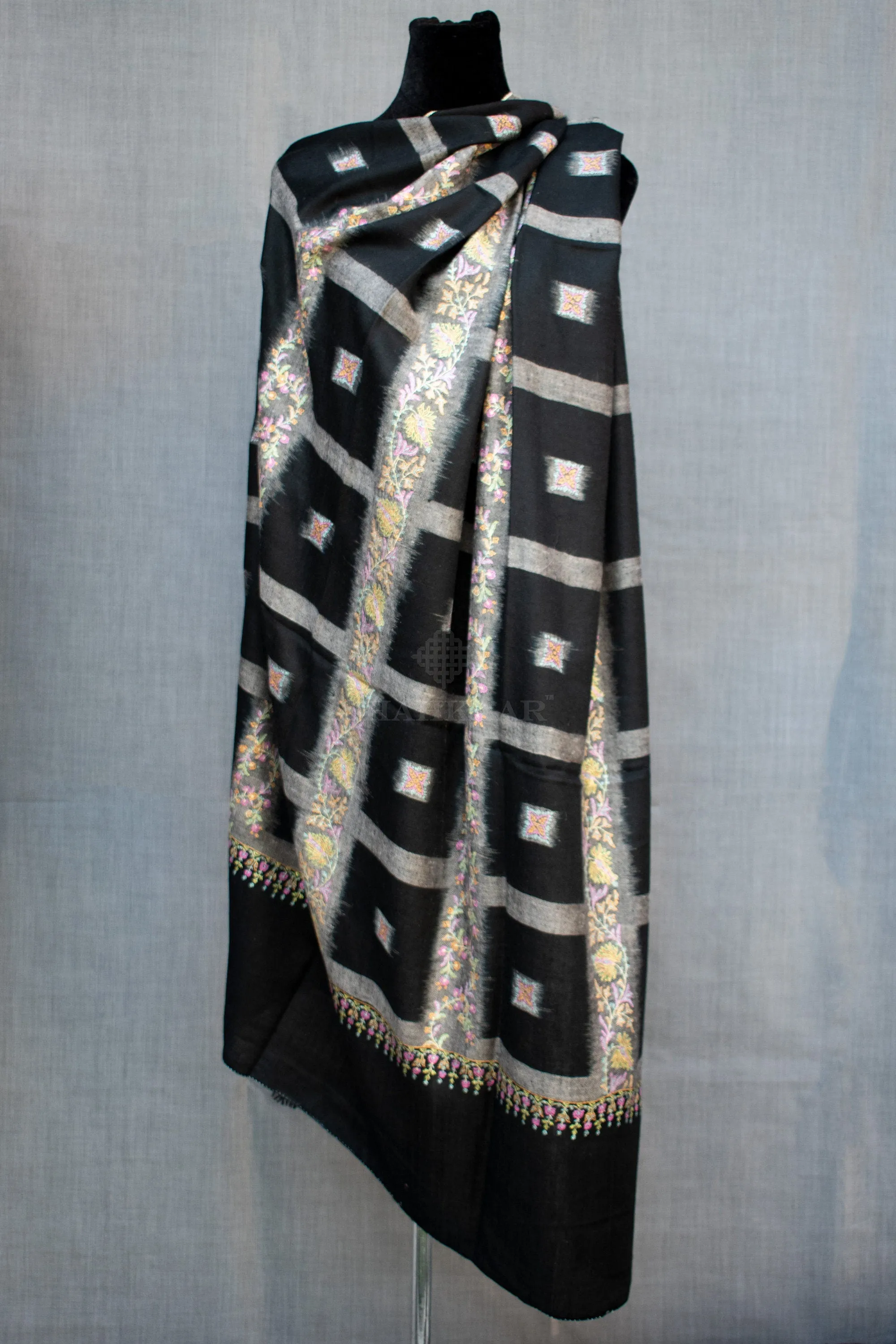 Ikat Weave Black Sozni Pure Pashmina/Cashmere Shawl/Wrap, Handwoven on Hand loom & Hand Embroided in Kashmir