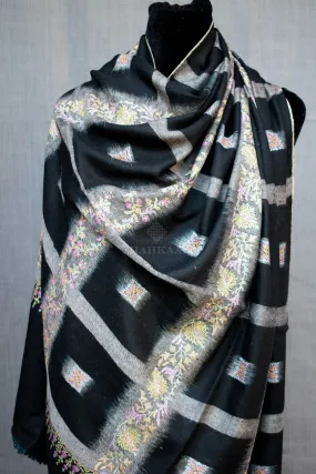 Ikat Weave Black Sozni Pure Pashmina/Cashmere Shawl/Wrap, Handwoven on Hand loom & Hand Embroided in Kashmir