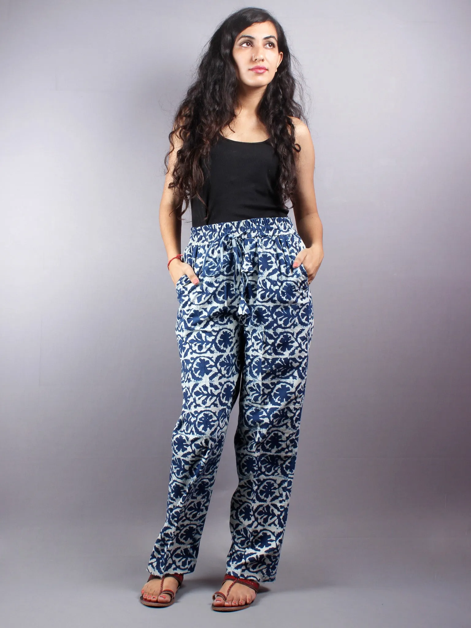 Indigo Hand Block Printed Elasticated Waist Trousers- T0317003