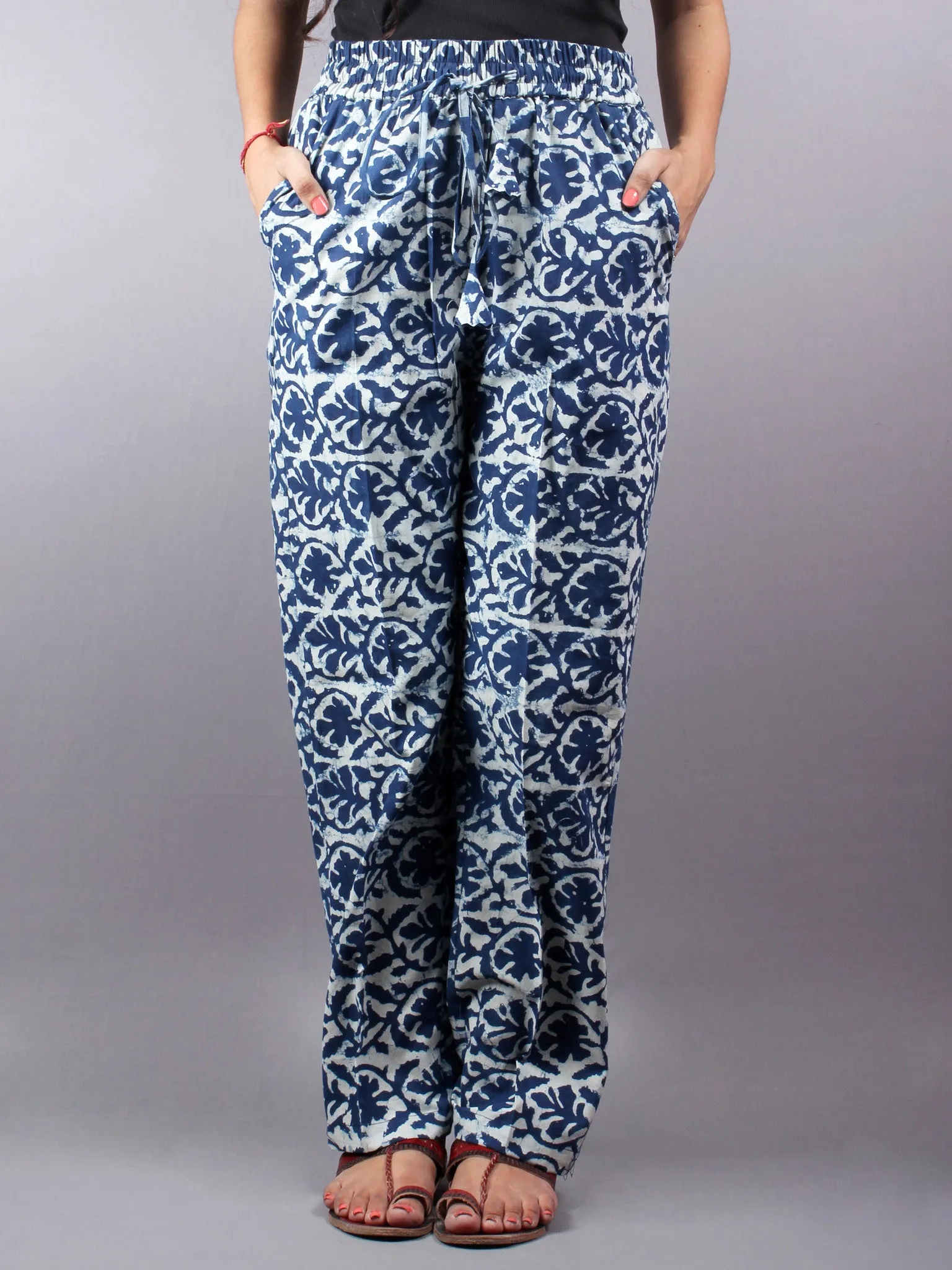 Indigo Hand Block Printed Elasticated Waist Trousers- T0317003